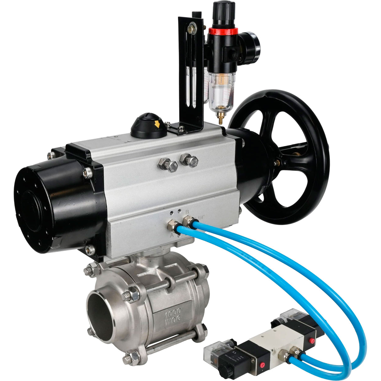 Ball valves Elephant BV3232P(3pc)-FP-W-ISO-H,  body material - Stainless steel AISI 316, seal - PTFE / PTFE / Teflon, with pneumatic actuator double action PA-DA-105-1, 4V320-10 220VATU AFC2000