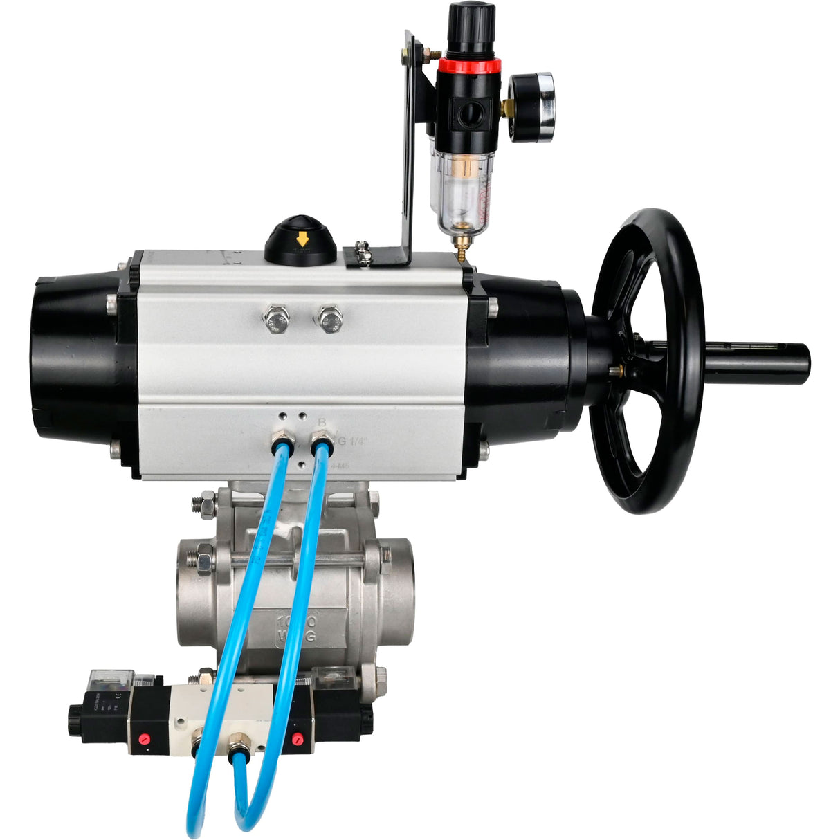 Ball valves Elephant BV3232P(3pc)-FP-W-ISO-H,  body material - Stainless steel AISI 316, seal - PTFE / PTFE / Teflon, with pneumatic actuator double action PA-DA-105-1, 4V320-10 220VATU AFC2000