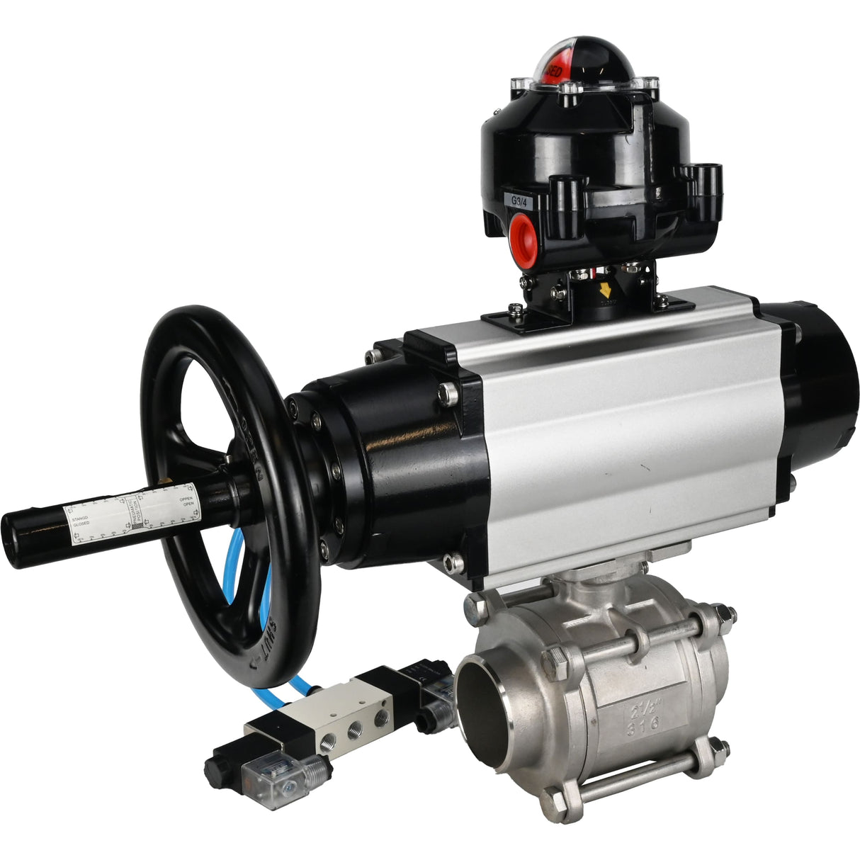 Ball valves Elephant BV3232P(3pc)-FP-W-ISO-H,  body material - Stainless steel AISI 316, seal - PTFE / PTFE / Teflon, with pneumatic actuator double action PA-DA-105-1, 4V320-08 220V, LSU APL-510N Ex