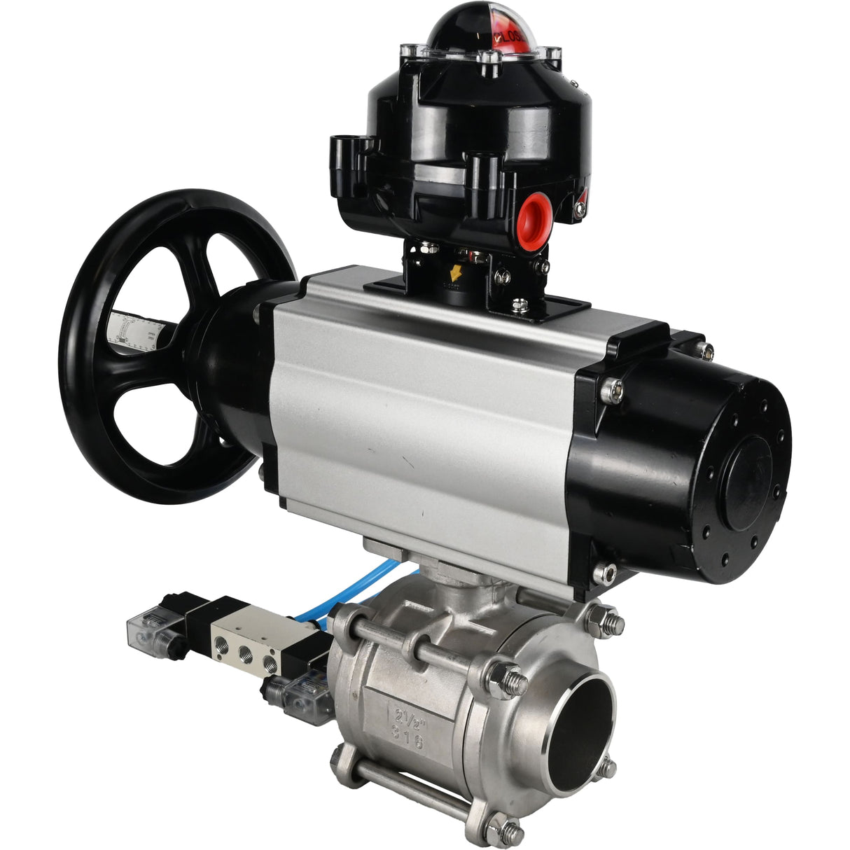 Ball valves Elephant BV3232P(3pc)-FP-W-ISO-H,  body material - Stainless steel AISI 316, seal - PTFE / PTFE / Teflon, with pneumatic actuator double action PA-DA-105-1, 4V320-08 220V, LSU APL-510N Ex