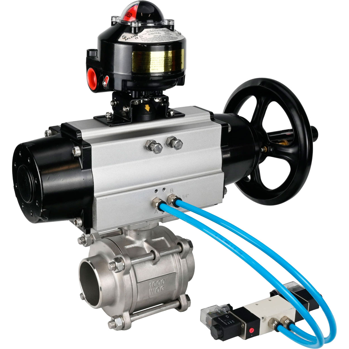 Ball valves Elephant BV3232P(3pc)-FP-W-ISO-H,  body material - Stainless steel AISI 316, seal - PTFE / PTFE / Teflon, with pneumatic actuator double action PA-DA-105-1, 4V320-08 220V, LSU APL-510N Ex