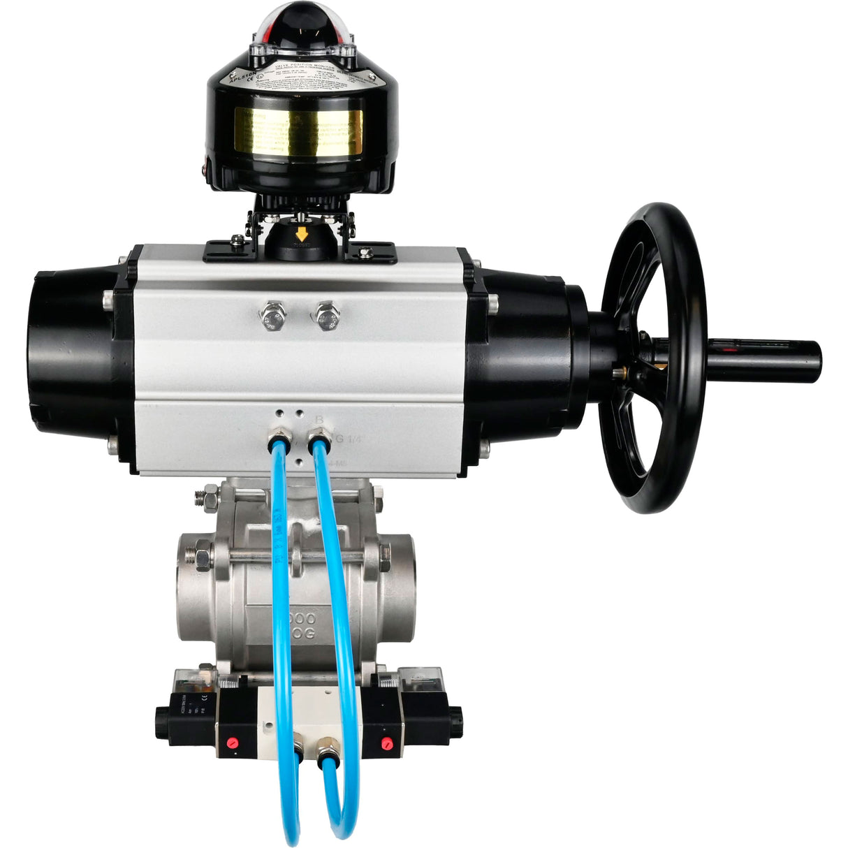 Ball valves Elephant BV3232P(3pc)-FP-W-ISO-H,  body material - Stainless steel AISI 316, seal - PTFE / PTFE / Teflon, with pneumatic actuator double action PA-DA-105-1, 4V320-08 220V, LSU APL-510N Ex