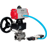 Ball valves Elephant BV3232P(3pc)-FP-W-ISO-H,  body material - Stainless steel AISI 316, seal - PTFE / PTFE / Teflon, with pneumatic actuator double action PA-DA, 4V320-10 220V, handwheel MON