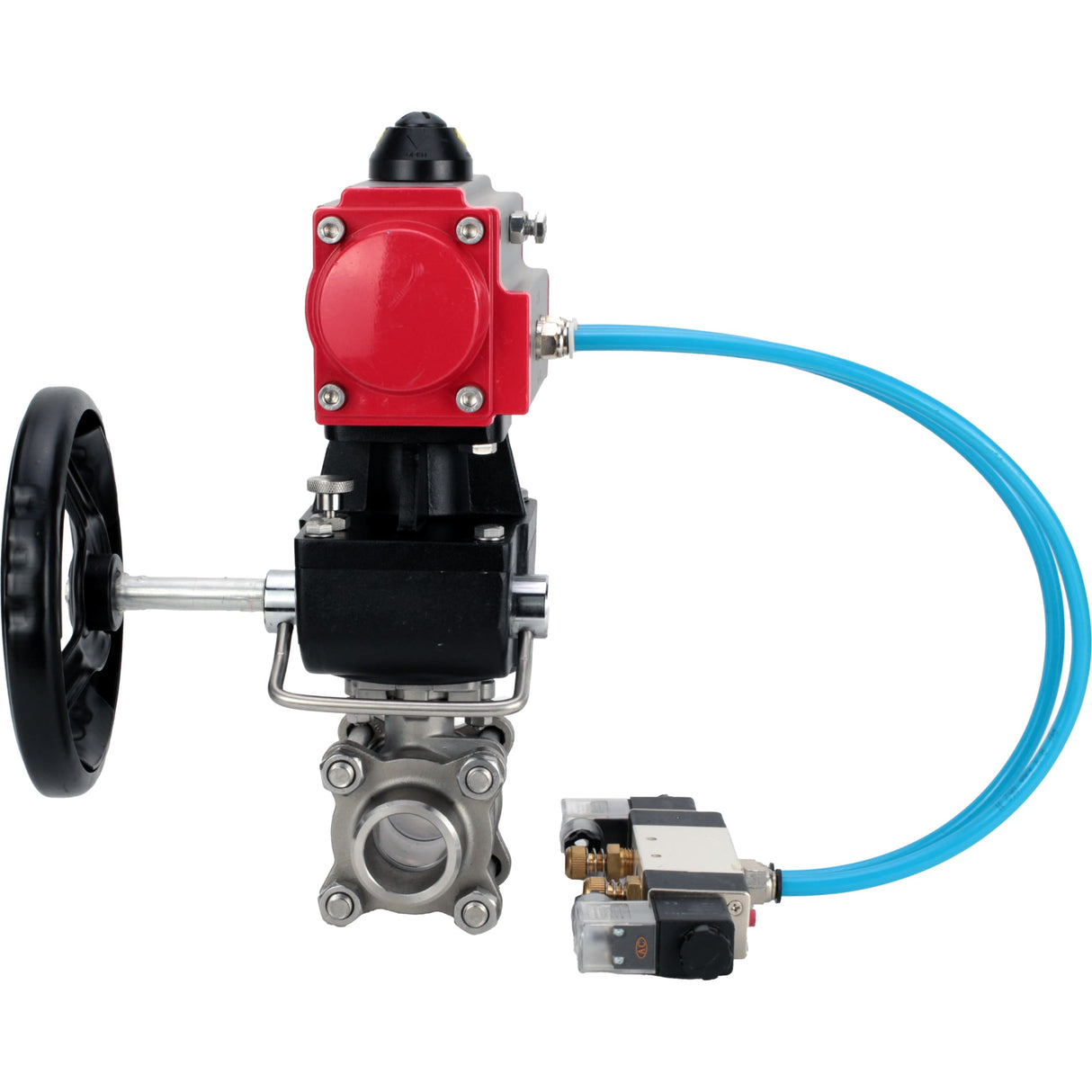 Ball valves Elephant BV3232P(3pc)-FP-W-ISO-H,  body material - Stainless steel AISI 316, seal - PTFE / PTFE / Teflon, with pneumatic actuator double action PA-DA, 4V320-10 220V, handwheel MON