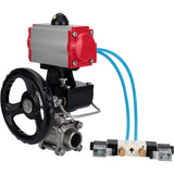 Ball valves Elephant BV3232P(3pc)-FP-W-ISO-H,  body material - Stainless steel AISI 316, seal - PTFE / PTFE / Teflon, with pneumatic actuator double action PA-DA, 4V320-10 220V, handwheel MON
