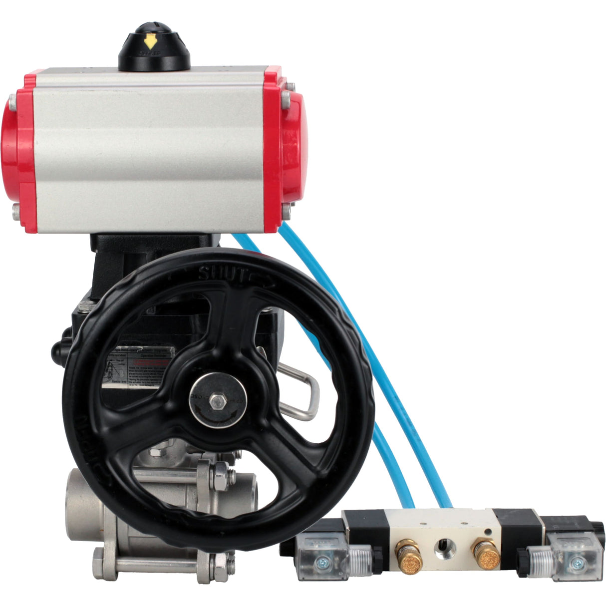 Ball valves Elephant BV3232P(3pc)-FP-W-ISO-H,  body material - Stainless steel AISI 316, seal - PTFE / PTFE / Teflon, with pneumatic actuator double action PA-DA, 4V320-10 220V, handwheel MON