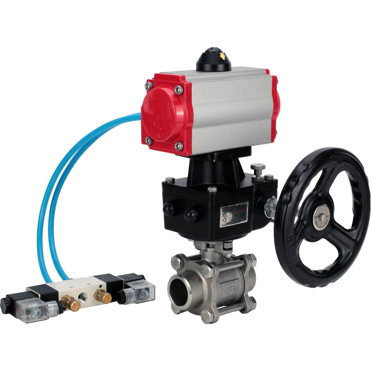 Ball valves Elephant BV3232P(3pc)-FP-W-ISO-H,  body material - Stainless steel AISI 316, seal - PTFE / PTFE / Teflon, with pneumatic actuator double action PA-DA, 4V320-10 220V, handwheel MON