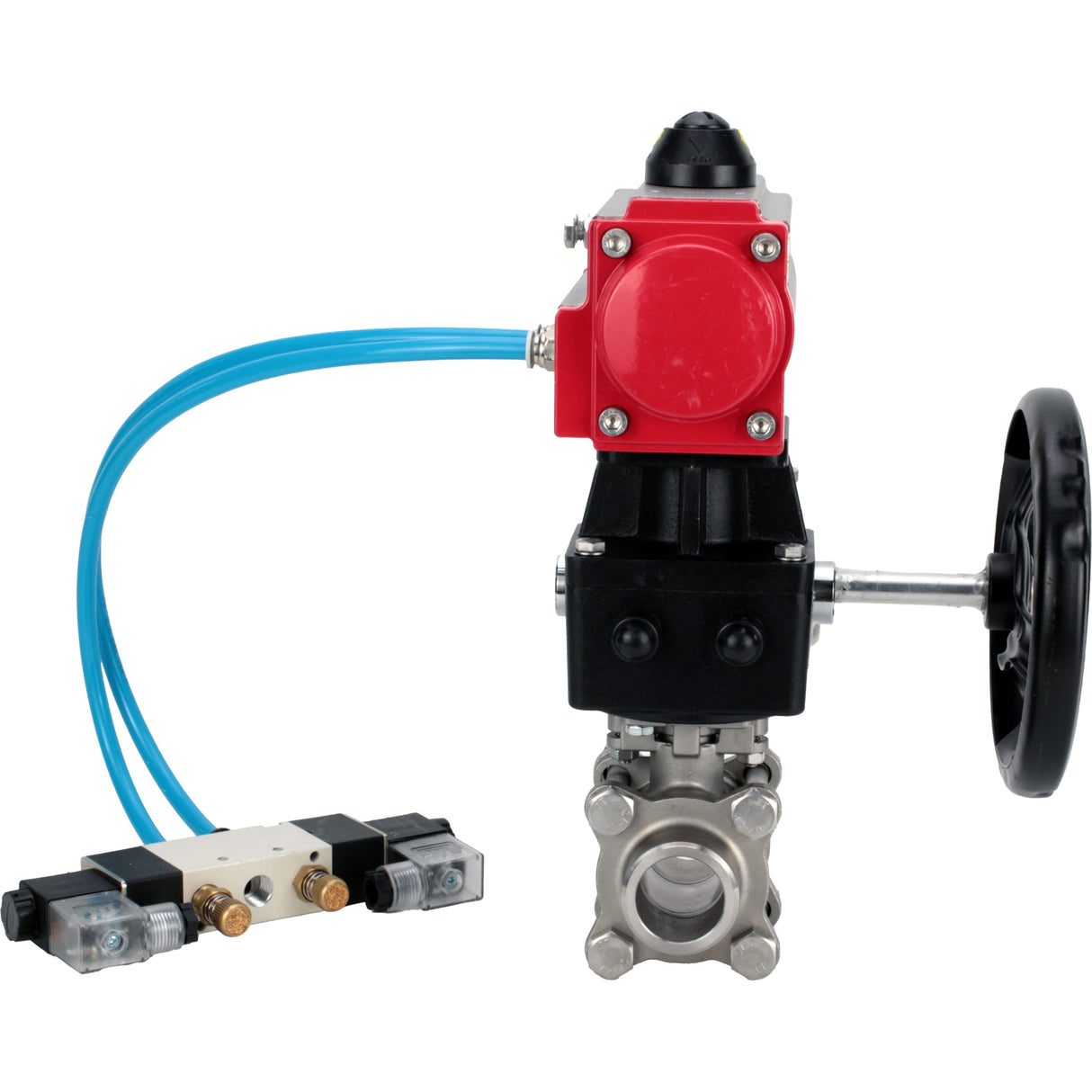 Ball valves Elephant BV3232P(3pc)-FP-W-ISO-H,  body material - Stainless steel AISI 316, seal - PTFE / PTFE / Teflon, with pneumatic actuator double action PA-DA, 4V320-10 220V, handwheel MON