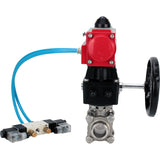 Ball valves Elephant BV3232P(3pc)-FP-W-ISO-H,  body material - Stainless steel AISI 316, seal - PTFE / PTFE / Teflon, with pneumatic actuator double action PA-DA, 4V320-10 220V, handwheel MON