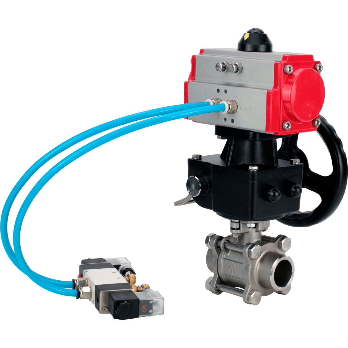 Ball valves Elephant BV3232P(3pc)-FP-W-ISO-H,  body material - Stainless steel AISI 316, seal - PTFE / PTFE / Teflon, with pneumatic actuator double action PA-DA, 4V320-10 220V, handwheel MON