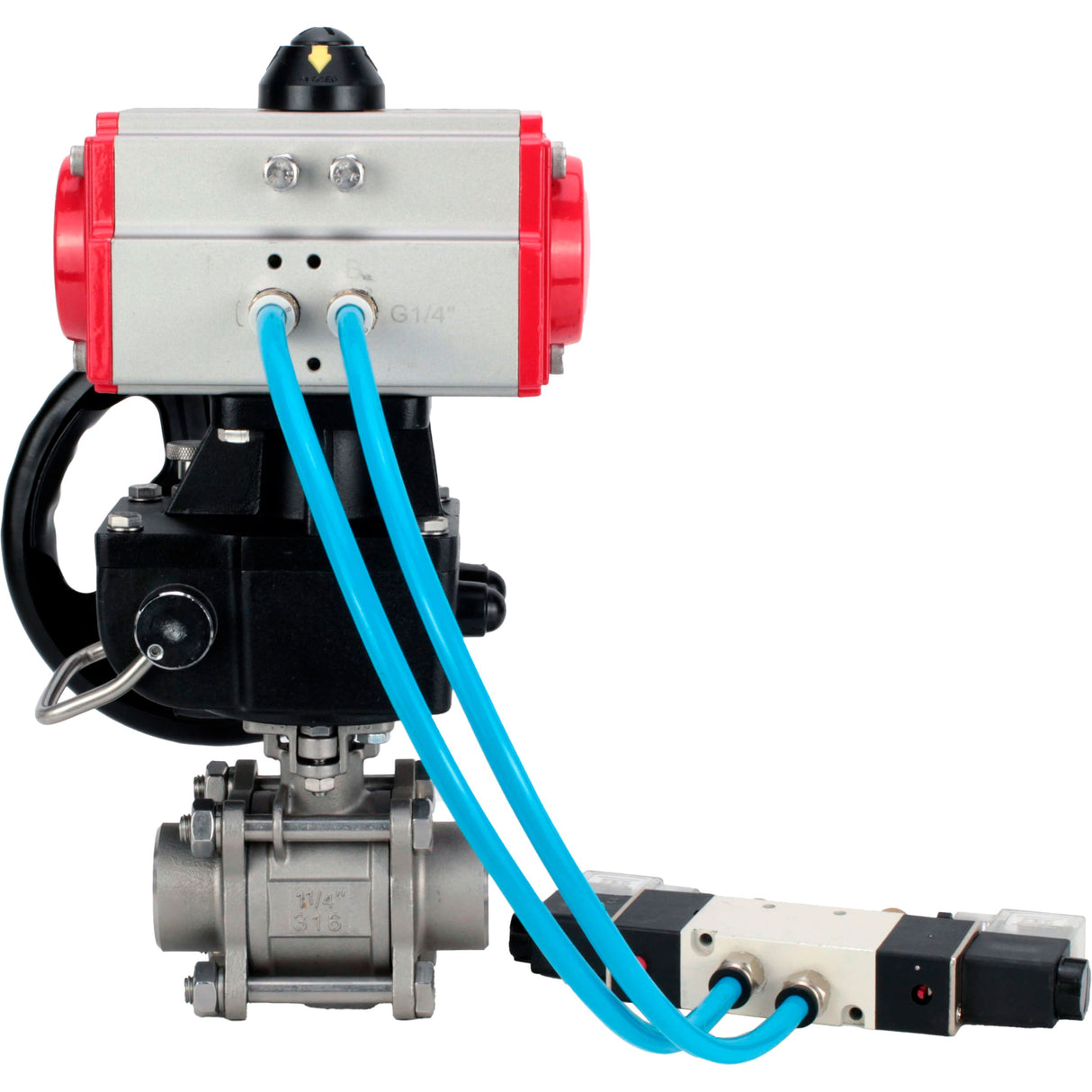 Ball valves Elephant BV3232P(3pc)-FP-W-ISO-H,  body material - Stainless steel AISI 316, seal - PTFE / PTFE / Teflon, with pneumatic actuator double action PA-DA, 4V320-10 220V, handwheel MON