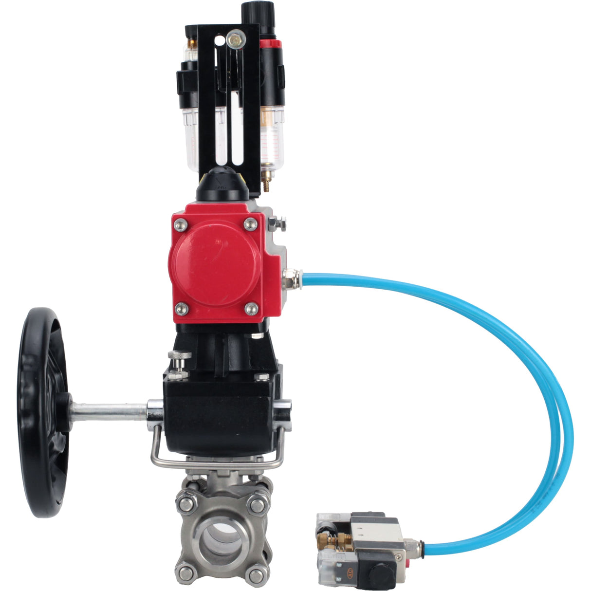 Ball valves Elephant BV3232P(3pc)-FP-W-ISO-H,  body material - Stainless steel AISI 316, seal - PTFE / PTFE / Teflon, with pneumatic actuator double action PA-DA, 4V320-10 220V, handwheel MON, ATU AFC2000