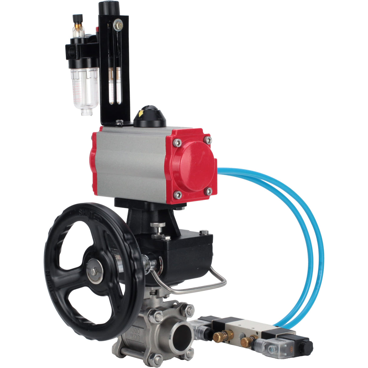 Ball valves Elephant BV3232P(3pc)-FP-W-ISO-H,  body material - Stainless steel AISI 316, seal - PTFE / PTFE / Teflon, with pneumatic actuator double action PA-DA, 4V320-10 220V, handwheel MON, ATU AFC2000