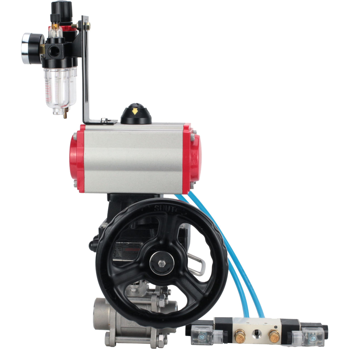 Ball valves Elephant BV3232P(3pc)-FP-W-ISO-H,  body material - Stainless steel AISI 316, seal - PTFE / PTFE / Teflon, with pneumatic actuator double action PA-DA, 4V320-10 220V, handwheel MON, ATU AFC2000