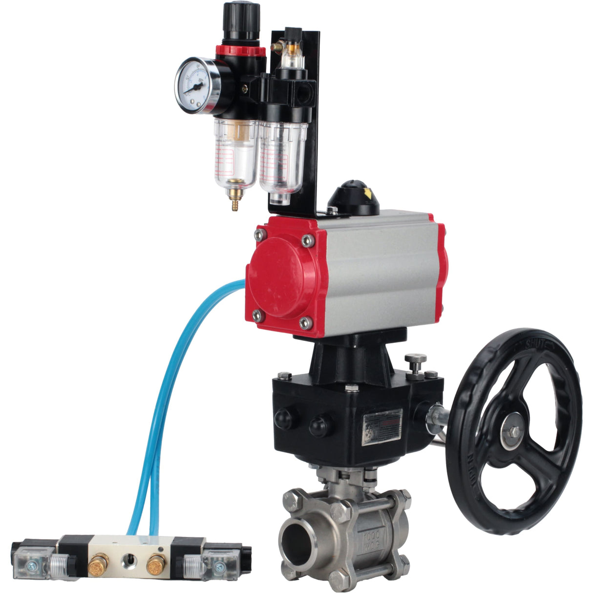 Ball valves Elephant BV3232P(3pc)-FP-W-ISO-H,  body material - Stainless steel AISI 316, seal - PTFE / PTFE / Teflon, with pneumatic actuator double action PA-DA, 4V320-10 220V, handwheel MON, ATU AFC2000