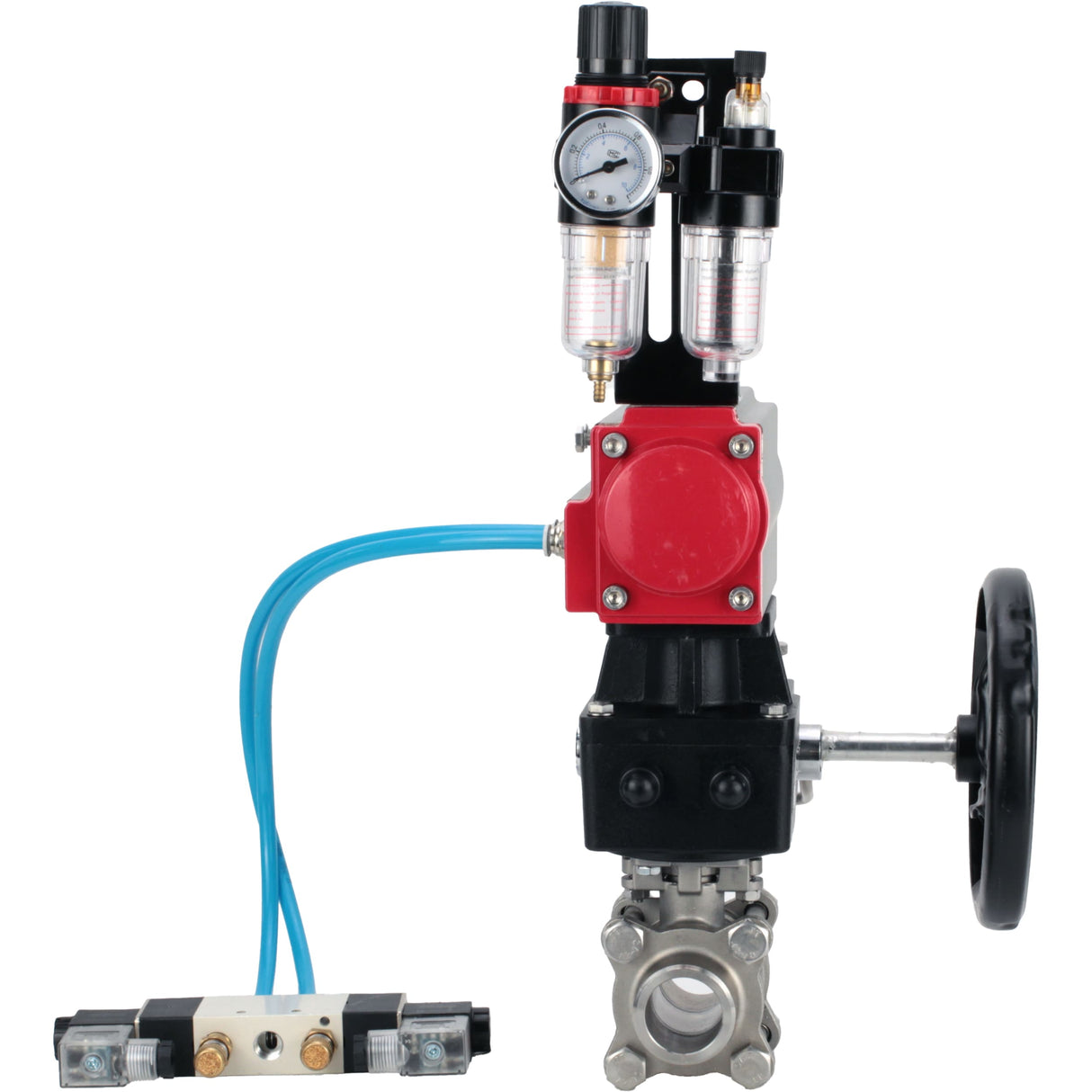 Ball valves Elephant BV3232P(3pc)-FP-W-ISO-H,  body material - Stainless steel AISI 316, seal - PTFE / PTFE / Teflon, with pneumatic actuator double action PA-DA, 4V320-10 220V, handwheel MON, ATU AFC2000