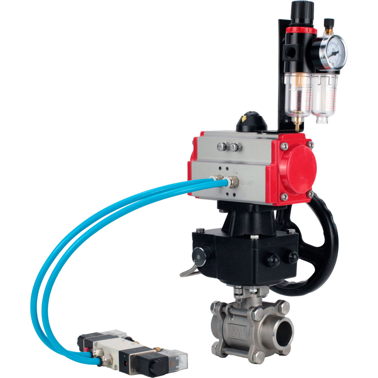 Ball valves Elephant BV3232P(3pc)-FP-W-ISO-H,  body material - Stainless steel AISI 316, seal - PTFE / PTFE / Teflon, with pneumatic actuator double action PA-DA, 4V320-10 220V, handwheel MON, ATU AFC2000