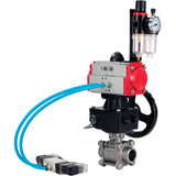 Ball valves Elephant BV3232P(3pc)-FP-W-ISO-H,  body material - Stainless steel AISI 316, seal - PTFE / PTFE / Teflon, with pneumatic actuator double action PA-DA, 4V320-10 220V, handwheel MON, ATU AFC2000