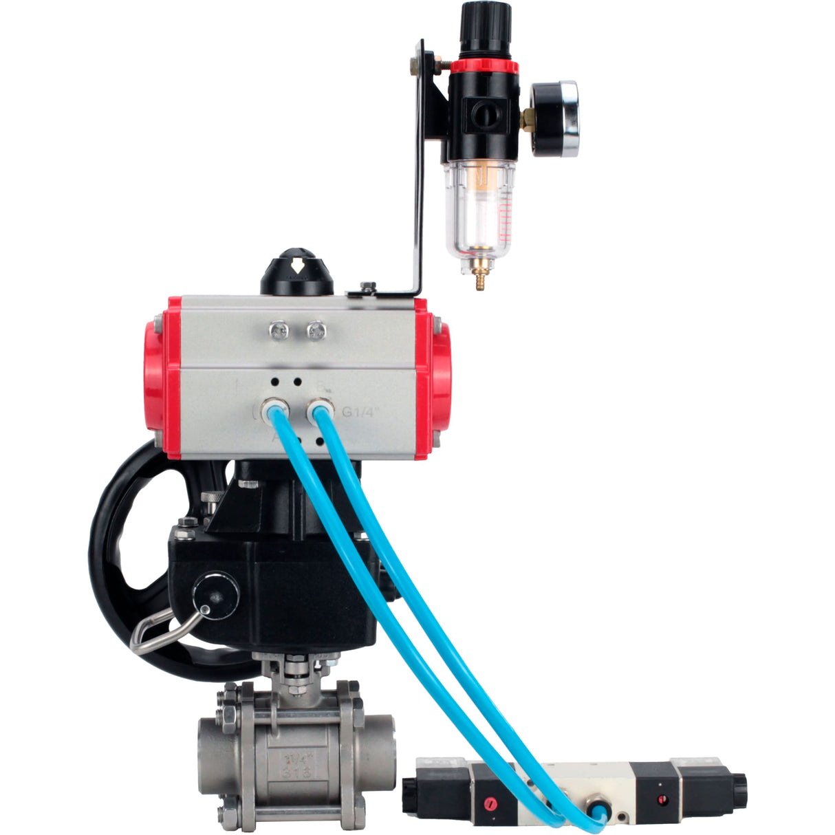 Ball valves Elephant BV3232P(3pc)-FP-W-ISO-H,  body material - Stainless steel AISI 316, seal - PTFE / PTFE / Teflon, with pneumatic actuator double action PA-DA, 4V320-10 220V, handwheel MON, ATU AFC2000