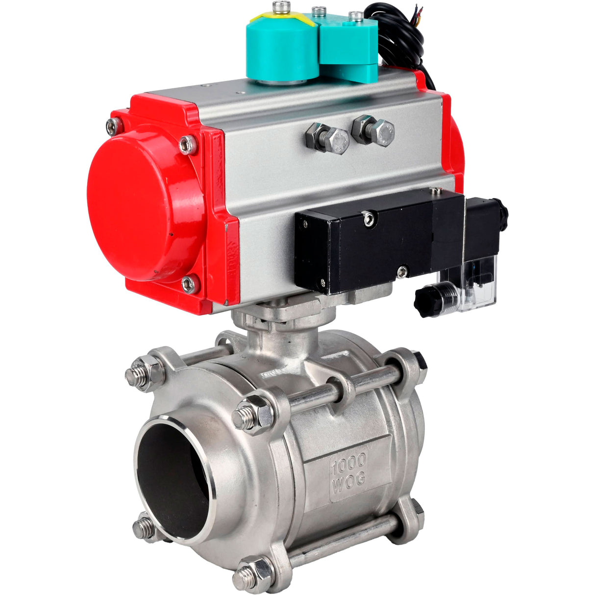 Ball valves Elephant BV3232P(3pc)-FP-W-ISO-H WDVF DN15-32 63 bar full bore, body - 316 stainless steel, seal - PTFE, for welding, with PA-DA pneumatic actuator, pneumatic distributor 4M310-08 220V and ALS200D magnetic switch