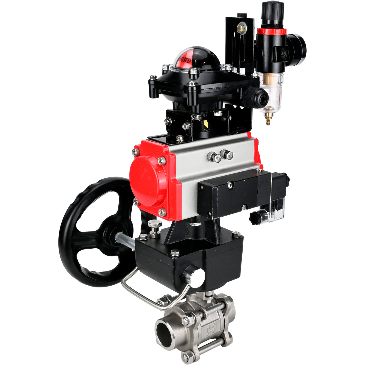 Ball valves Elephant BV3232P(3pc)-FP-W-ISO-H WDVF DN15-32 63 bar full bore, 316 stainless steel, seal - PTFE, for welding, with PA-DA pneumatic actuator, pneumatic distributor 4M310-08 220V, LSU APL-210N, manual backup for MON, ATU AFC2000