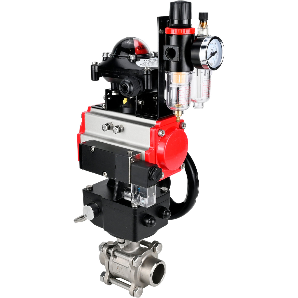 Ball valves Elephant BV3232P(3pc)-FP-W-ISO-H WDVF DN15-32 63 bar full bore, 316 stainless steel, seal - PTFE, for welding, with PA-DA pneumatic actuator, pneumatic distributor 4M310-08 220V, LSU APL-210N, manual backup for MON, ATU AFC2000