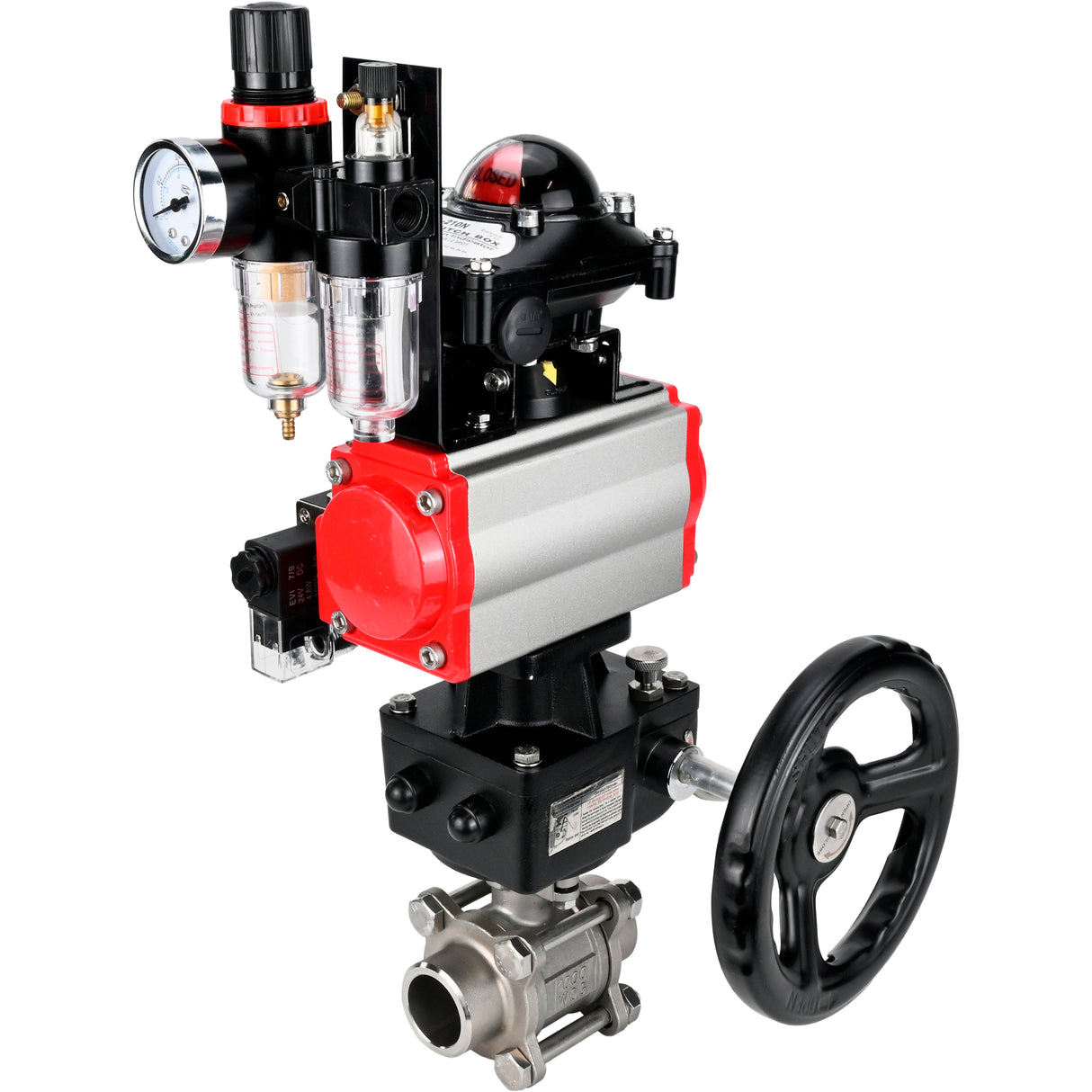 Ball valves Elephant BV3232P(3pc)-FP-W-ISO-H WDVF DN15-32 63 bar full bore, 316 stainless steel, seal - PTFE, for welding, with PA-DA pneumatic actuator, pneumatic distributor 4M310-08 220V, LSU APL-210N, manual backup for MON, ATU AFC2000