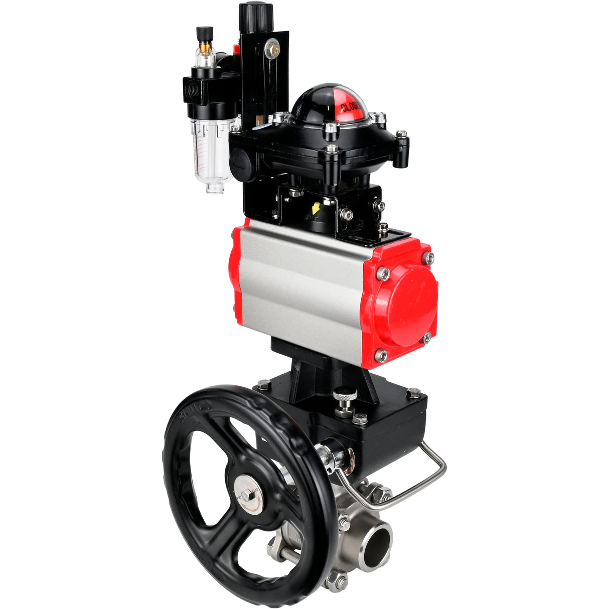 Ball valves Elephant BV3232P(3pc)-FP-W-ISO-H WDVF DN15-32 63 bar full bore, 316 stainless steel, seal - PTFE, for welding, with PA-DA pneumatic actuator, pneumatic distributor 4M310-08 220V, LSU APL-210N, manual backup for MON, ATU AFC2000