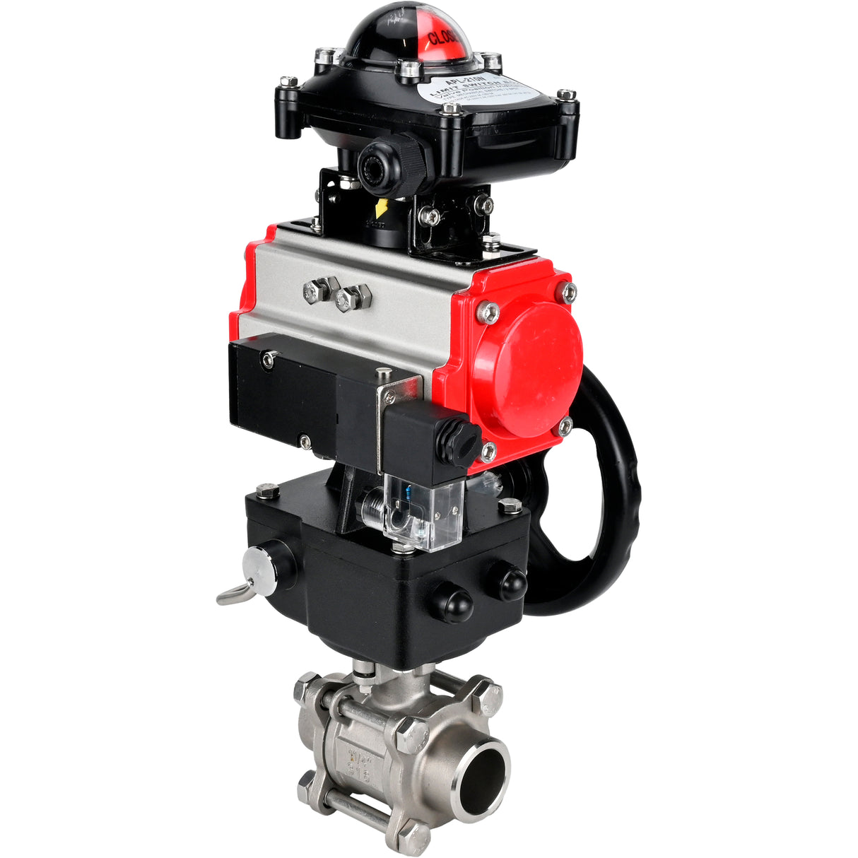 Ball valves Elephant BV3232P(3pc)-FP-W-ISO-H WDVF DN15-32 63 bar full bore, 316 stainless steel, seal - PTFE, for welding, with PA-DA pneumatic actuator, pneumatic distributor 4M310-08 220V, LSU APL-210N, manual backup for MON