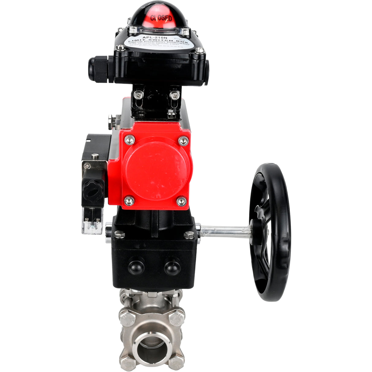 Ball valves Elephant BV3232P(3pc)-FP-W-ISO-H WDVF DN15-32 63 bar full bore, 316 stainless steel, seal - PTFE, for welding, with PA-DA pneumatic actuator, pneumatic distributor 4M310-08 220V, LSU APL-210N, manual backup for MON