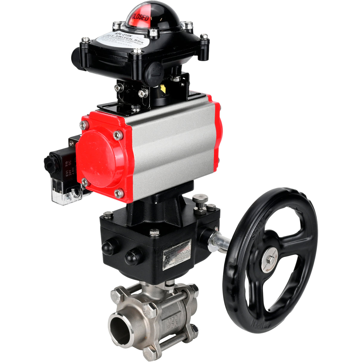 Ball valves Elephant BV3232P(3pc)-FP-W-ISO-H WDVF DN15-32 63 bar full bore, 316 stainless steel, seal - PTFE, for welding, with PA-DA pneumatic actuator, pneumatic distributor 4M310-08 220V, LSU APL-210N, manual backup for MON