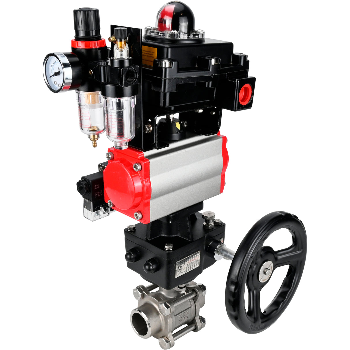 Ball valves Elephant BV3232P(3pc)-FP-W-ISO-H WDVF DN15-32 63 bar full bore, 316 stainless steel, PTFE, for welding, with PA-DA pneumatic actuator, pneumatic distributor 4M310-08 220V, LSU APL-410N EX, manual backup for MON, ATU AFC2000