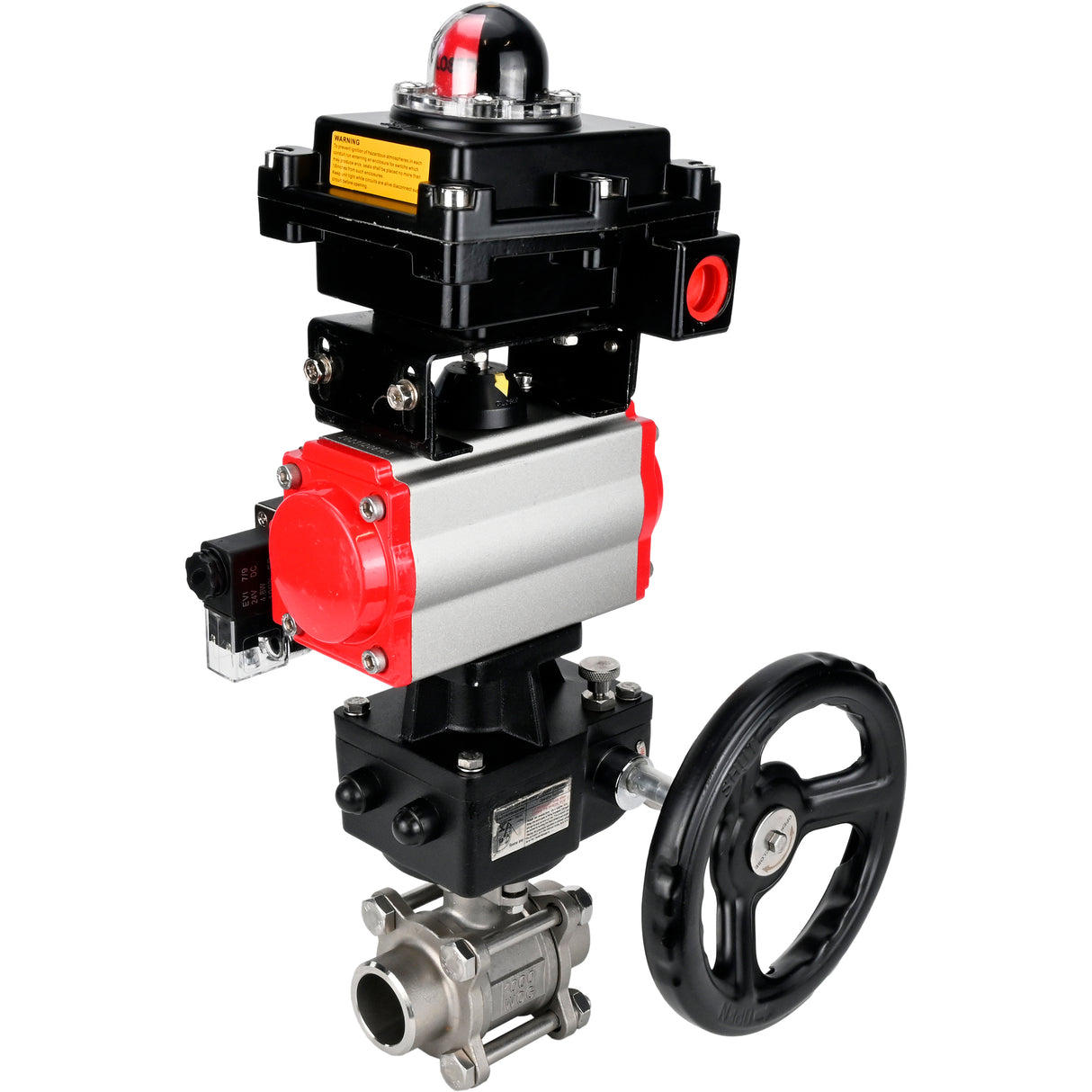 Ball valves Elephant BV3232P(3pc)-FP-W-ISO-H WDVF DN15-32 63 bar full bore, 316 stainless steel, seal - PTFE, for welding, with PA-DA pneumatic actuator, pneumatic distributor 4M310-08 220V, LSU APL-410N EX, manual backup for MON