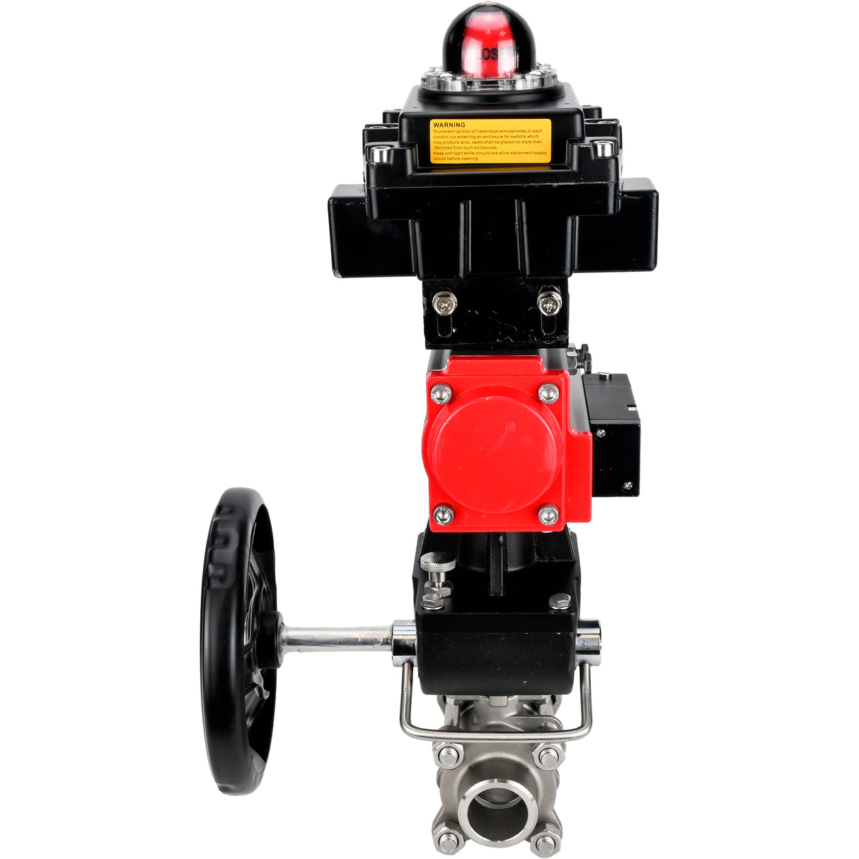 Ball valves Elephant BV3232P(3pc)-FP-W-ISO-H WDVF DN15-32 63 bar full bore, 316 stainless steel, seal - PTFE, for welding, with PA-DA pneumatic actuator, pneumatic distributor 4M310-08 220V, LSU APL-410N EX, manual backup for MON