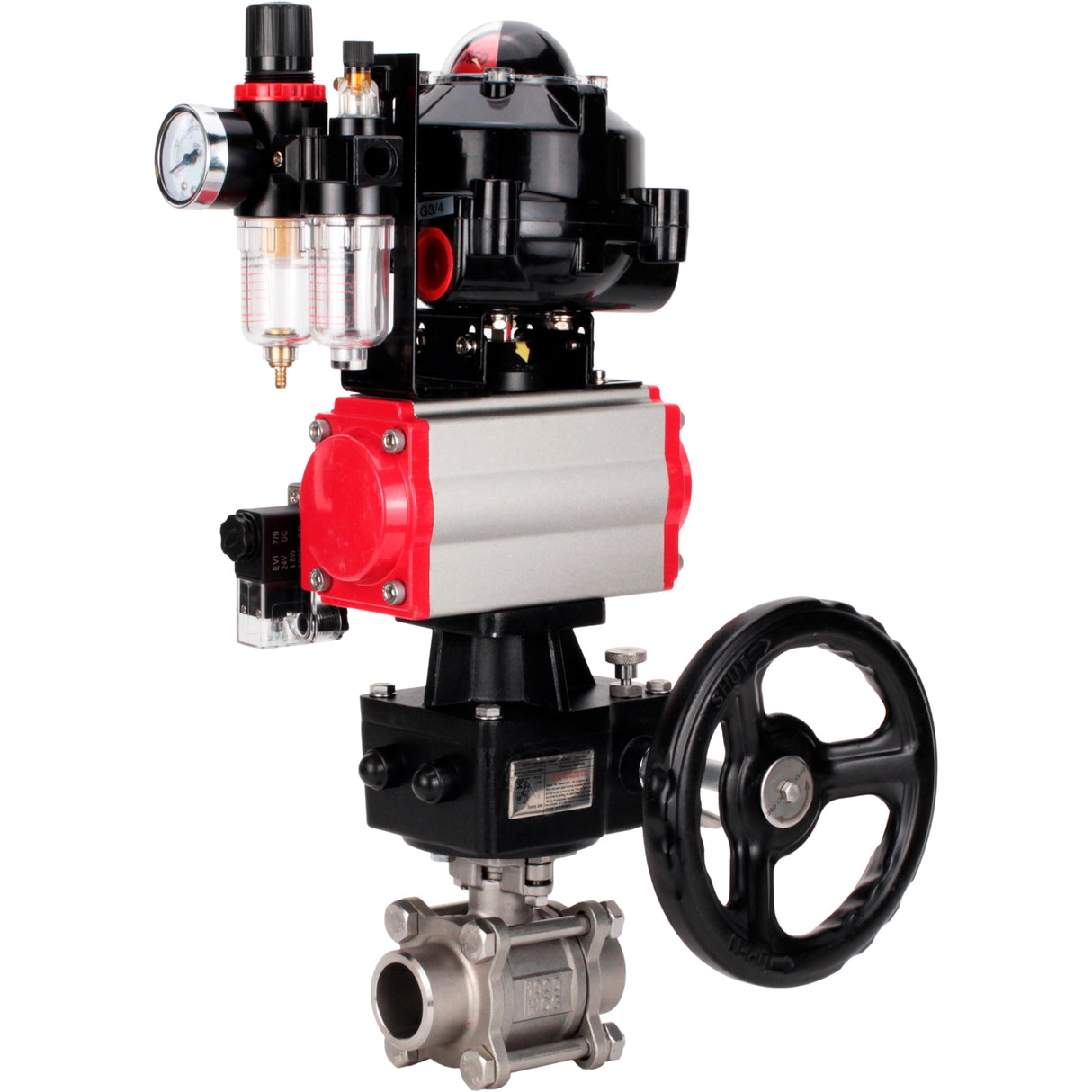 Ball valves Elephant BV3232P(3pc)-FP-W-ISO-H WDVF DN15-32 63 bar full bore, 316 stainless steel, PTFE, for welding, with PA-DA pneumatic actuator, pneumatic distributor 4M310-08 24V, LSU APL-510N EX, manual backup for MON, ATU AFC2000