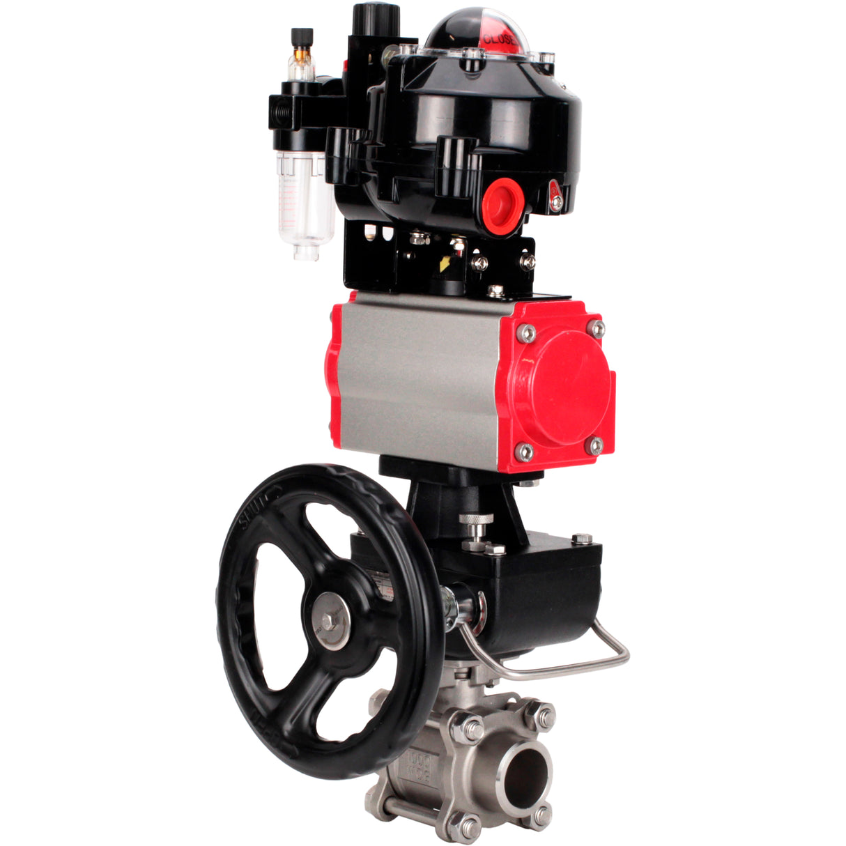 Ball valves Elephant BV3232P(3pc)-FP-W-ISO-H WDVF DN15-32 63 bar full bore, 316 stainless steel, PTFE, for welding, with PA-DA pneumatic actuator, pneumatic distributor 4M310-08 24V, LSU APL-510N EX, manual backup for MON, ATU AFC2000