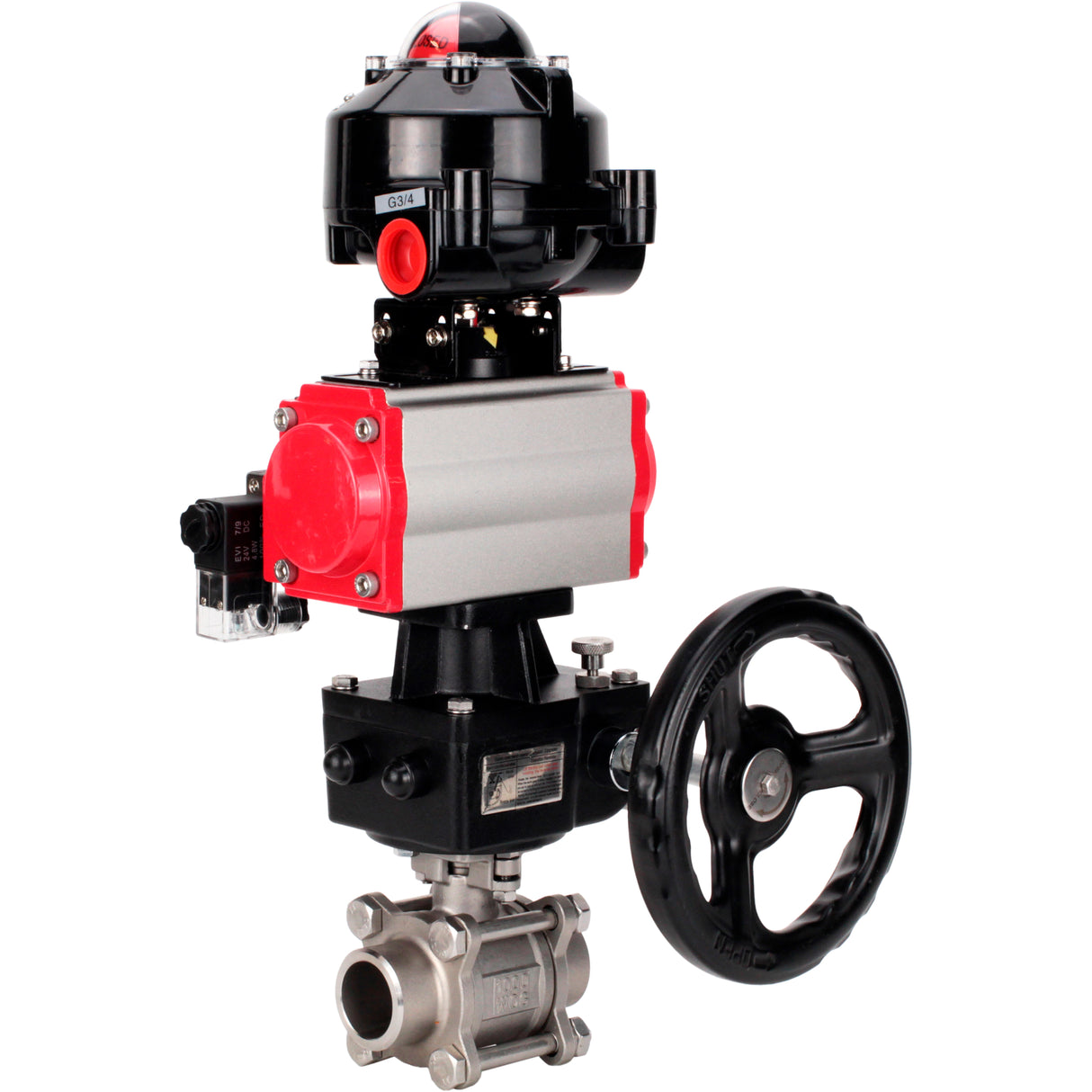 Ball valves Elephant BV3232P(3pc)-FP-W-ISO-H WDVF DN15-32 63 bar full bore, 316 stainless steel, seal - PTFE, for welding, with PA-DA pneumatic actuator, pneumatic distributor 4M310-08 220V, LSU APL-510N EX, manual backup for MON