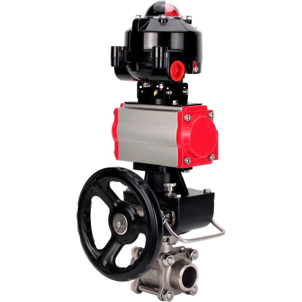 Ball valves Elephant BV3232P(3pc)-FP-W-ISO-H WDVF DN15-32 63 bar full bore, 316 stainless steel, seal - PTFE, for welding, with PA-DA pneumatic actuator, pneumatic distributor 4M310-08 220V, LSU APL-510N EX, manual backup for MON