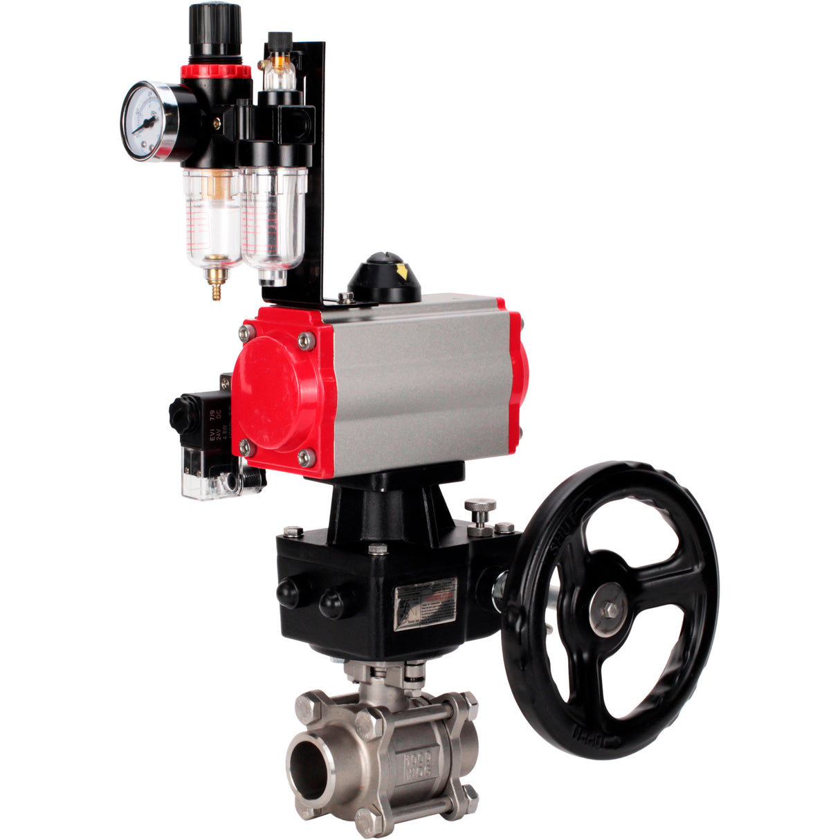 Ball valves Elephant BV3232P(3pc)-FP-W-ISO-H WDVF DN15-32 63 bar full bore, 316 stainless steel, seal - PTFE, for welding, with PA-DA pneumatic actuator, pneumatic distributor 4M310-08 24V, manual backup for MON, ATU AFC2000