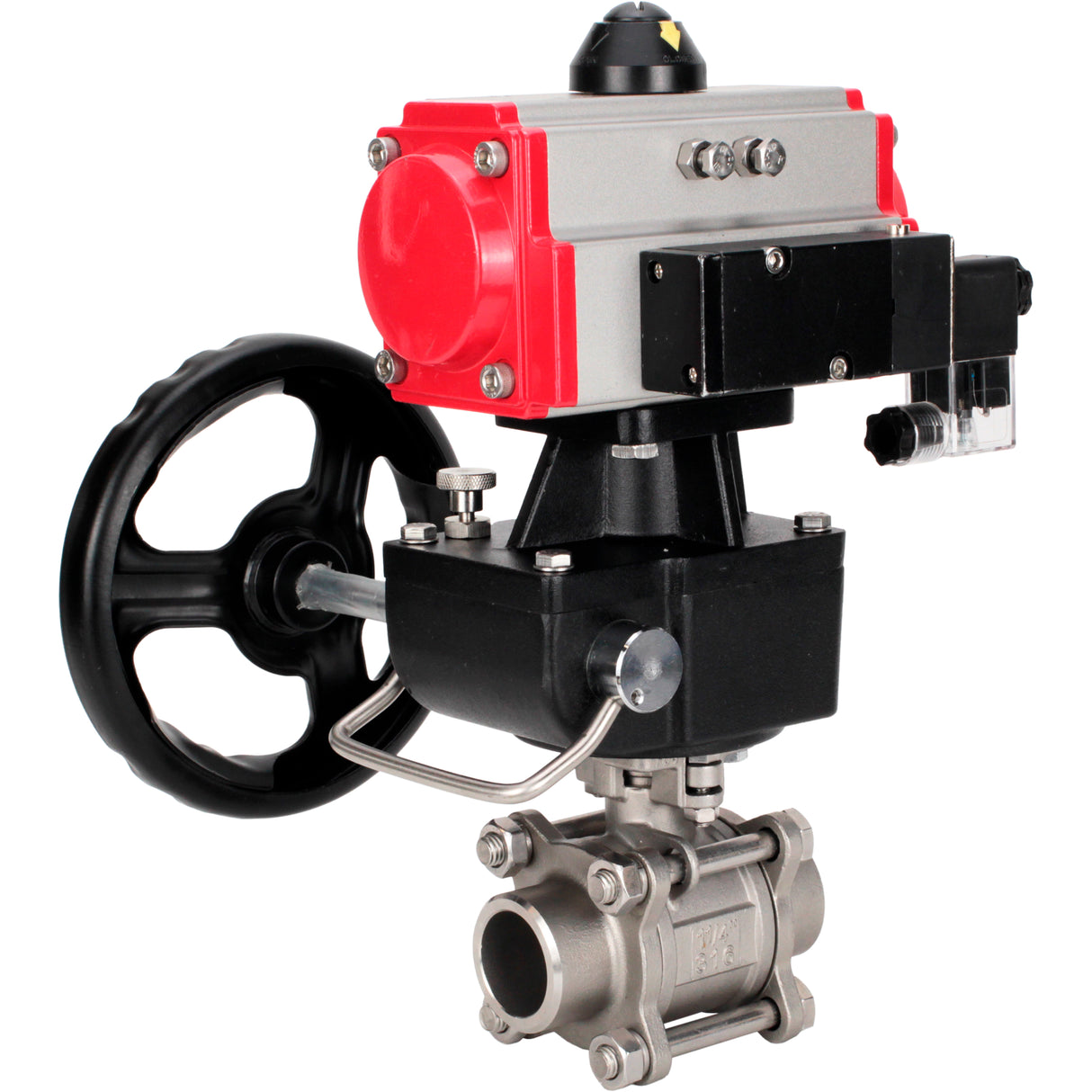 Ball valves Elephant BV3232P(3pc)-FP-W-ISO-H WDVF DN15-32 63 bar full bore, body - 316 stainless steel, seal - PTFE, for welding, with PA-DA pneumatic actuator, pneumatic distributor 4M310-08 220V, manual backup for MON