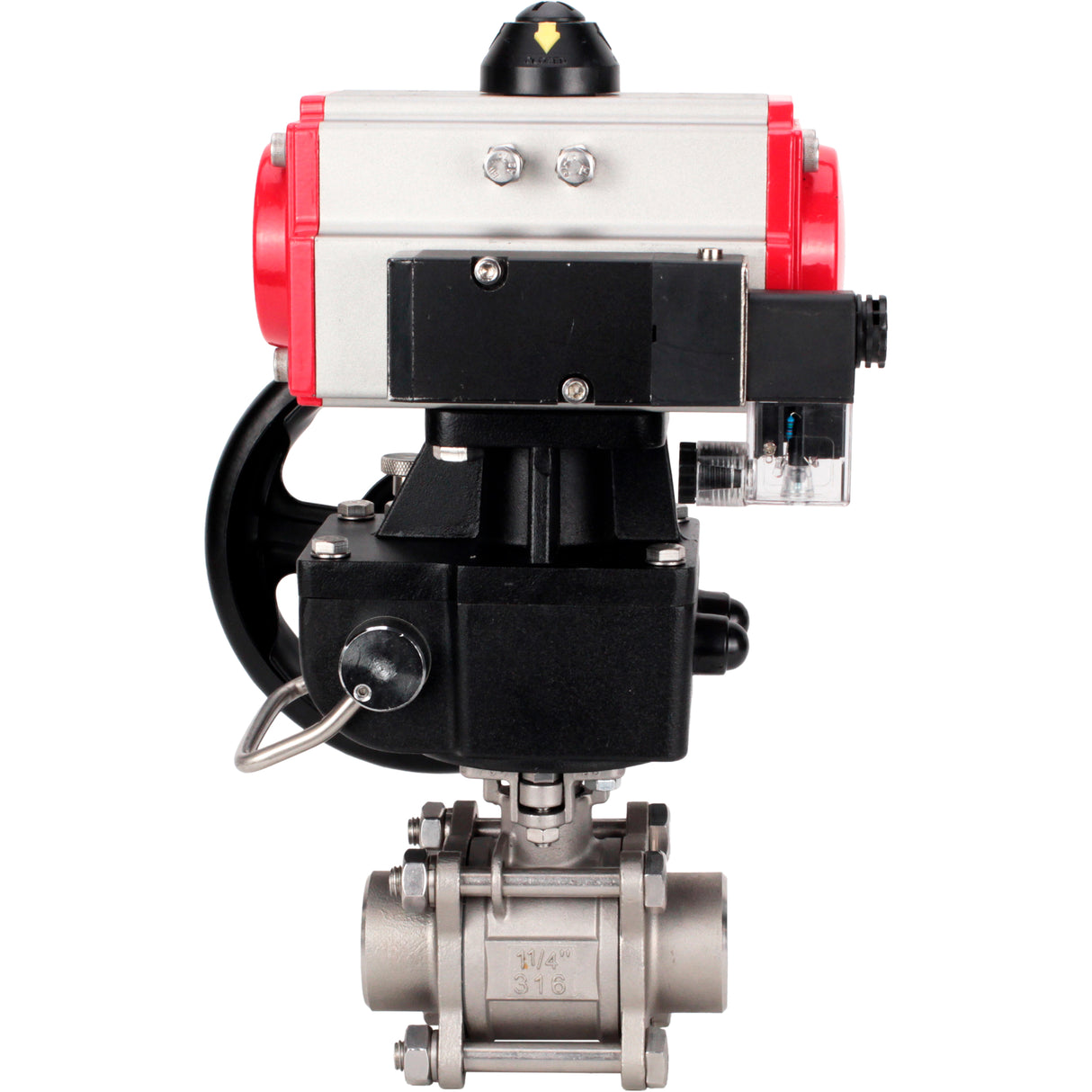 Ball valves Elephant BV3232P(3pc)-FP-W-ISO-H WDVF DN15-32 63 bar full bore, body - 316 stainless steel, seal - PTFE, for welding, with PA-DA pneumatic actuator, pneumatic distributor 4M310-08 220V, manual backup for MON
