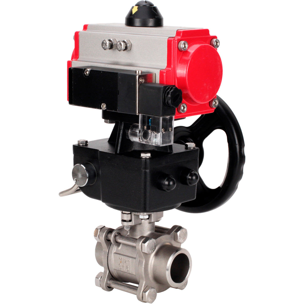 Ball valves Elephant BV3232P(3pc)-FP-W-ISO-H WDVF DN15-32 63 bar full bore, body - 316 stainless steel, seal - PTFE, for welding, with PA-DA pneumatic actuator, pneumatic distributor 4M310-08 220V, manual backup for MON
