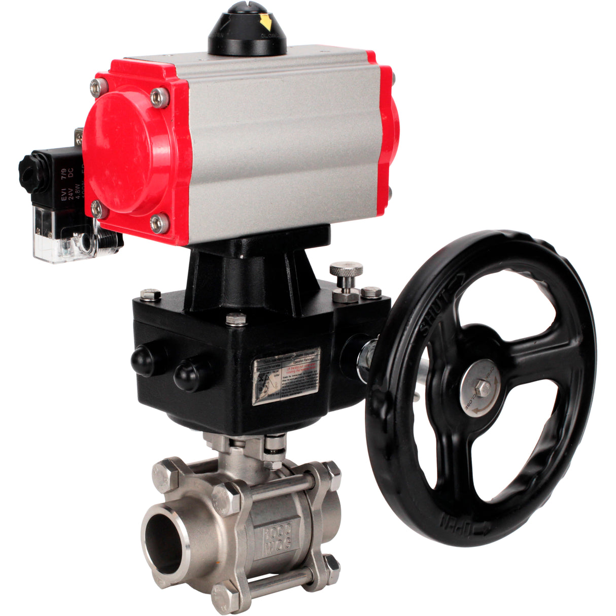Ball valves Elephant BV3232P(3pc)-FP-W-ISO-H WDVF DN15-32 63 bar full bore, body - 316 stainless steel, seal - PTFE, for welding, with PA-DA pneumatic actuator, pneumatic distributor 4M310-08 220V, manual backup for MON