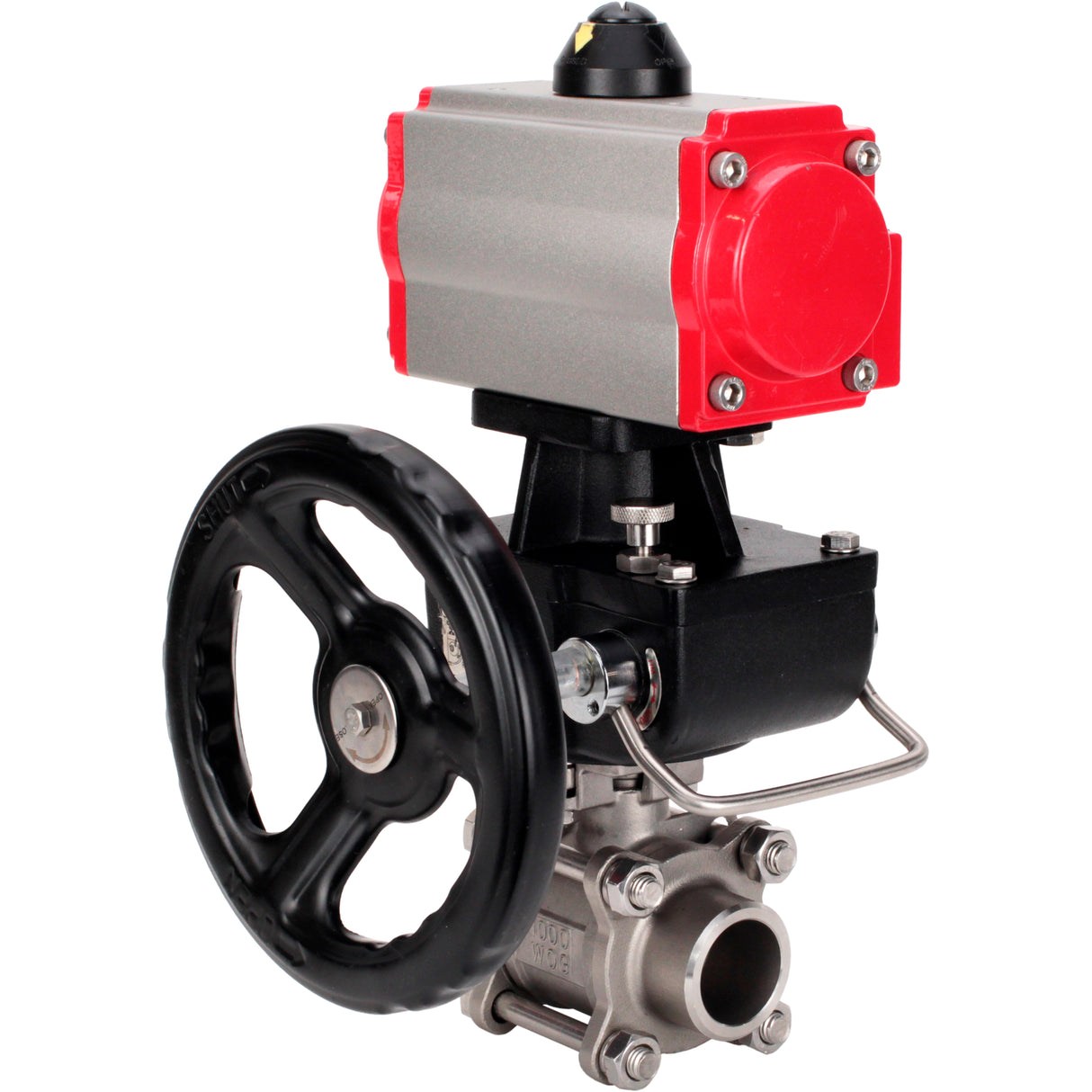 Ball valves Elephant BV3232P(3pc)-FP-W-ISO-H WDVF DN15-32 63 bar full bore, body - 316 stainless steel, seal - PTFE, for welding, with PA-DA pneumatic actuator, pneumatic distributor 4M310-08 220V, manual backup for MON