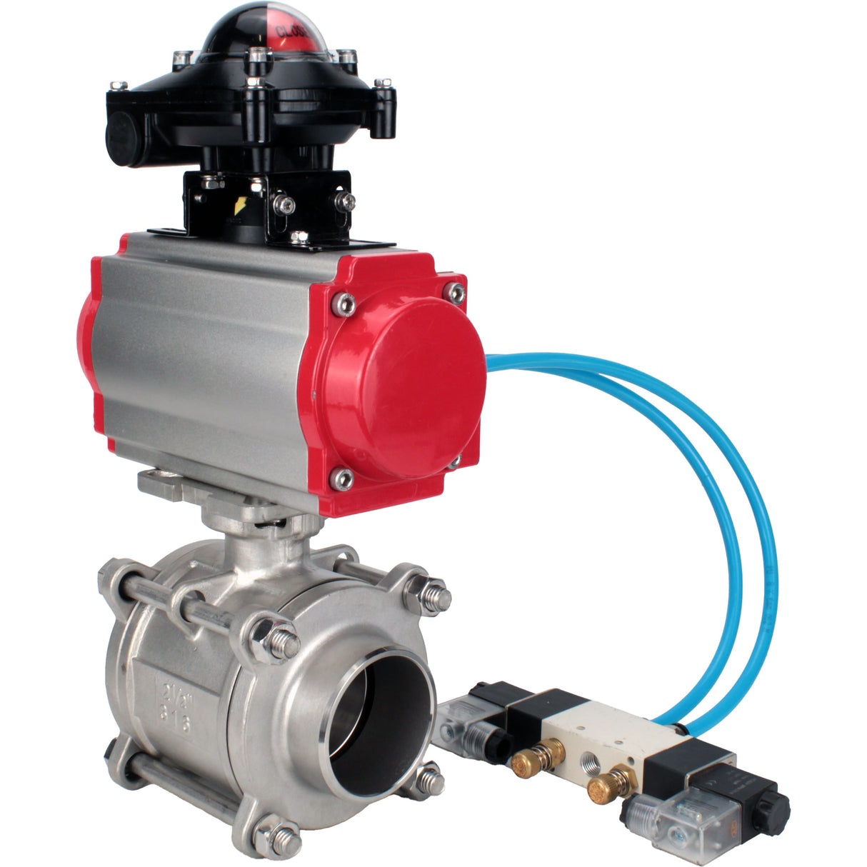 Ball valves Elephant BV3232P(3pc)-FP-W-ISO-H WDVF DN15-32 63 bar full bore, body - 316 stainless steel, seal - PTFE, for welding, with PA-SA pneumatic actuator, pneumatic distributor 4V320-08 220V, LSU APL-210N