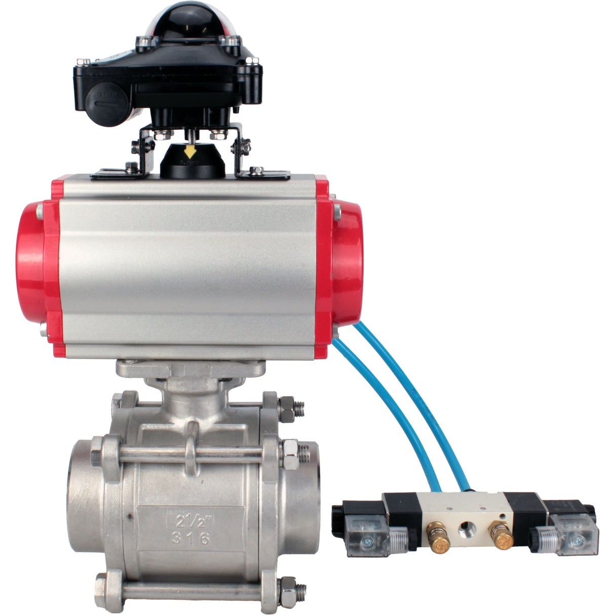 Ball valves Elephant BV3232P(3pc)-FP-W-ISO-H WDVF DN15-32 63 bar full bore, body - 316 stainless steel, seal - PTFE, for welding, with PA-SA pneumatic actuator, pneumatic distributor 4V320-08 220V, LSU APL-210N