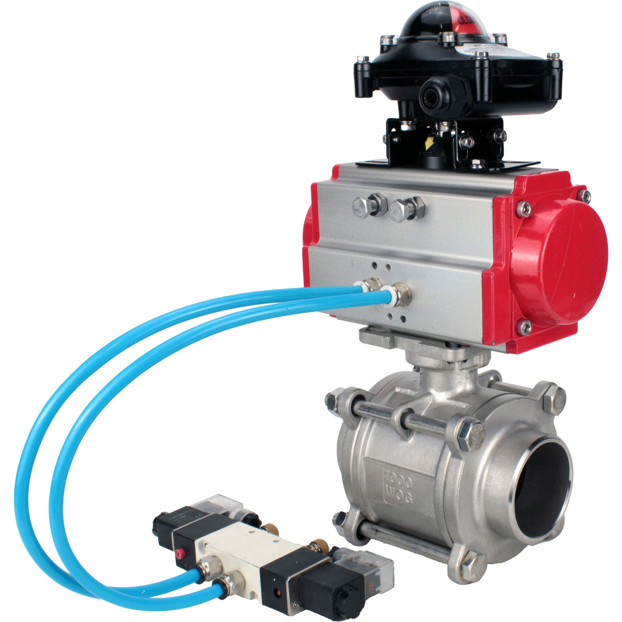 Ball valves Elephant BV3232P(3pc)-FP-W-ISO-H WDVF DN15-32 63 bar full bore, body - 316 stainless steel, seal - PTFE, for welding, with PA-SA pneumatic actuator, pneumatic distributor 4V320-08 220V, LSU APL-210N