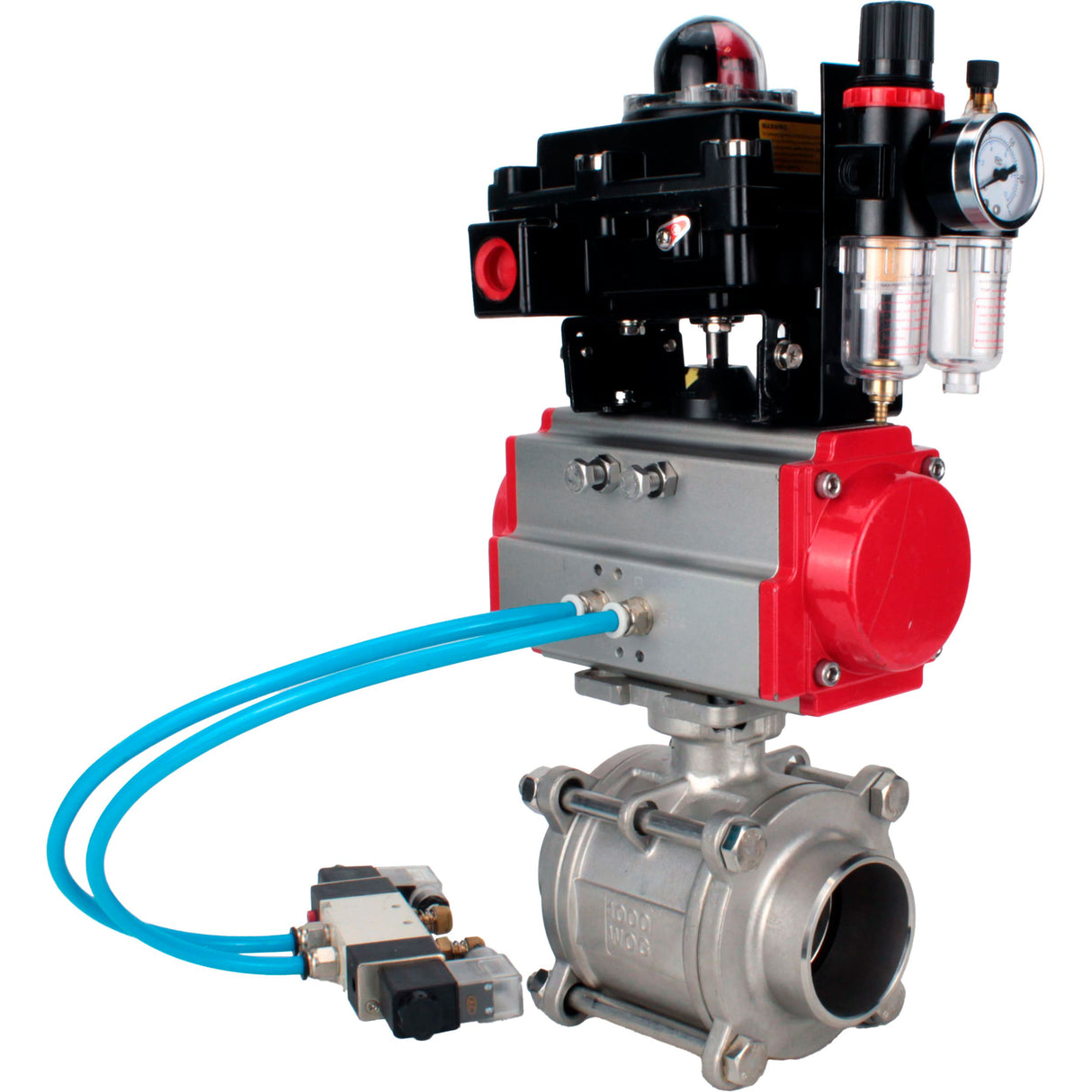 Ball valves Elephant BV3232P(3pc)-FP-W-ISO-H WDVF DN15-32 63 bar full bore, body - 316 stainless steel, seal - PTFE, for welding, with PA-SA pneumatic actuator, pneumatic distributor 4V320-10 220V, LSU APL-410N EX, ATU AFC2000