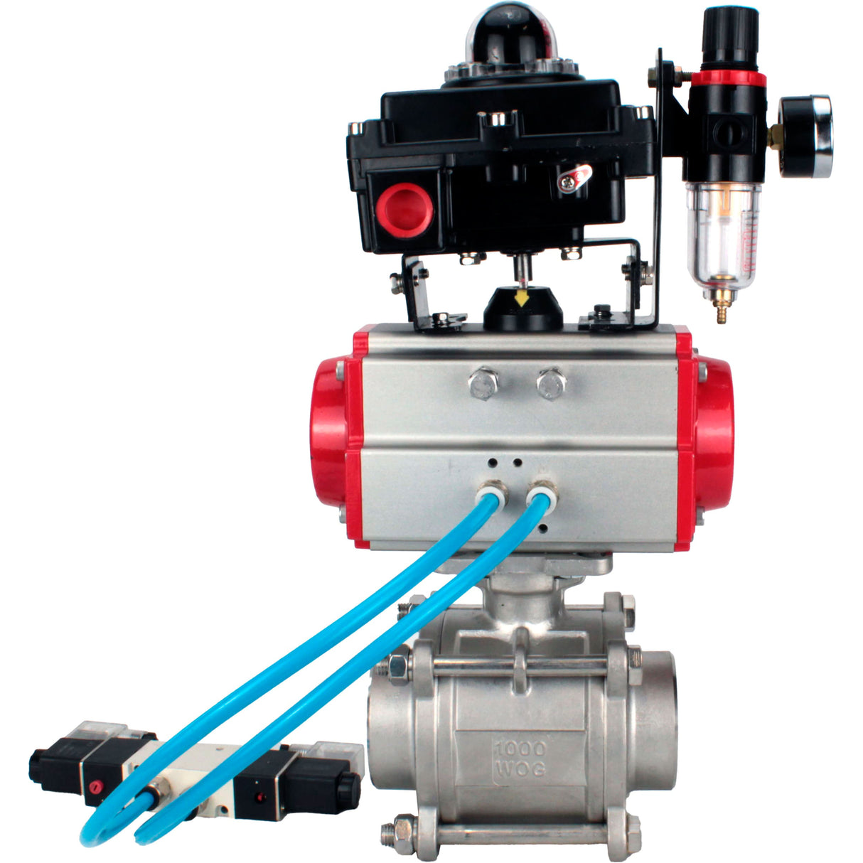 Ball valves Elephant BV3232P(3pc)-FP-W-ISO-H WDVF DN15-32 63 bar full bore, body - 316 stainless steel, seal - PTFE, for welding, with PA-SA pneumatic actuator, pneumatic distributor 4V320-10 220V, LSU APL-410N EX, ATU AFC2000