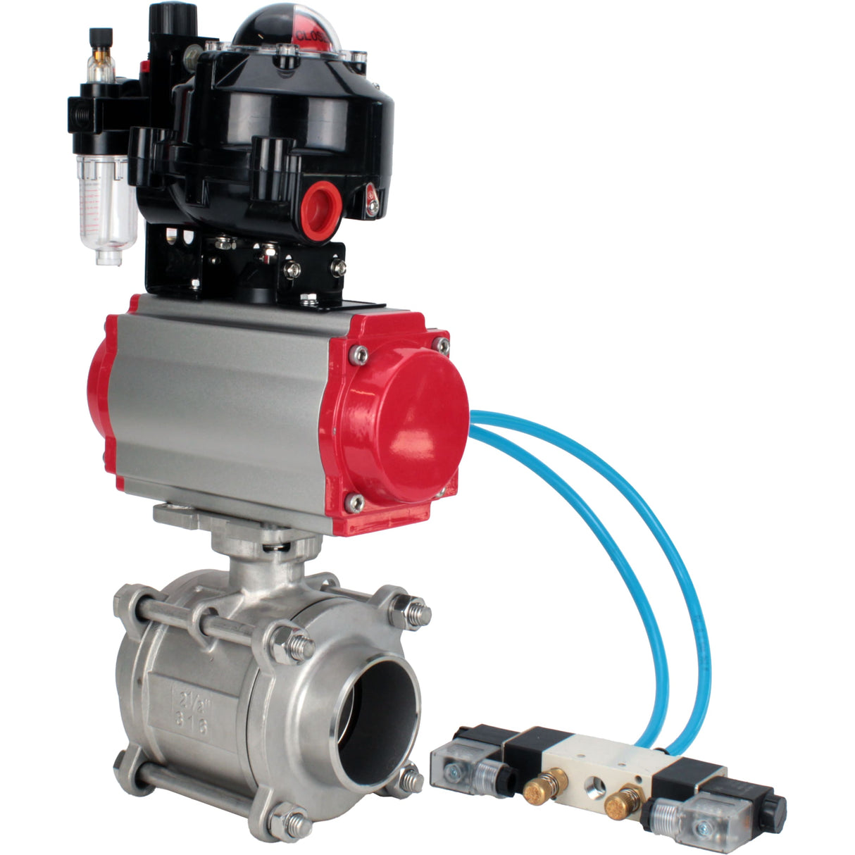 Ball valves Elephant BV3232P(3pc)-FP-W-ISO-H WDVF DN15-32 63 bar full bore, body - 316 stainless steel, seal - PTFE, for welding, with PA-SA pneumatic actuator, pneumatic distributor 4V320-08 220V, LSU APL-510N EX, ATU AFC2000